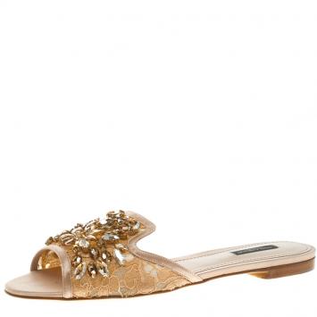 Pre Owned Dolce And Gabbana Peach Embellished Lace Giulia Slides Size 39