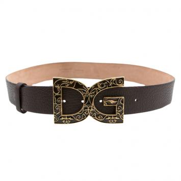 Pre Owned Dolce and Gabbana Brown Leather DG Logo Buckle Belt 85CM