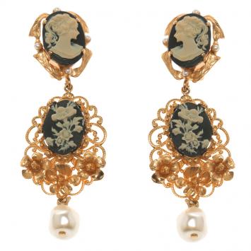 Pre Owned Dolce and Gabbana Cameo Faux Pearl Gold Tone Long Clip-on Earrings 