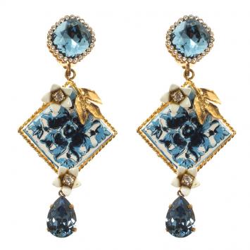 Pre Owned Dolce and Gabbana Blue Resin Tile Flower Gold Tone Clip-on Long Earrings 