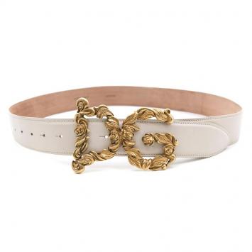 Pre Owned Dolce and Gabbana Cream Leather Baroque Logo Buckle Belt 95CM