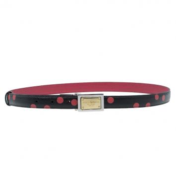 Pre Owned Dolce and Gabbana Black and Red Polka Dot Reversible Logo Plaque Belt Size 85CM