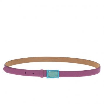 Pre Owned Dolce and Gabbana Pink Leather Logo Plaque Skinny Belt Size 90CM