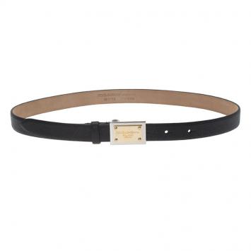Pre Owned Dolce and Gabbana Black Logo Plaque Skinny Belt 70 CM