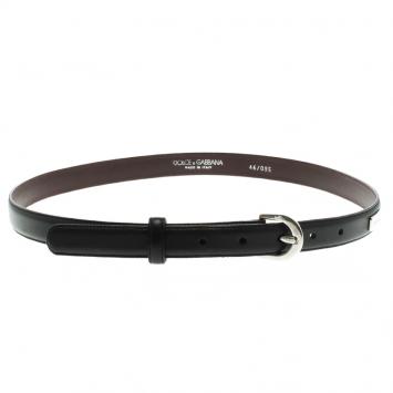 Pre Owned Dolce and Gabbana Black Leather Skinny Belt 85 CM