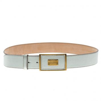 Pre Owned Dolce and Gabbana Silver Leather Logo Plaque Belt 90 CM