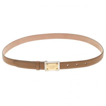 Pre Owned Dolce and Gabbana Brown Leather Logo Plaque Skinny Belt 80 CM