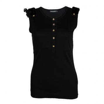 Pre Owned Dolce and Gabbana Black Cotton Velvet Epaulette Detail Sleeveless Top M