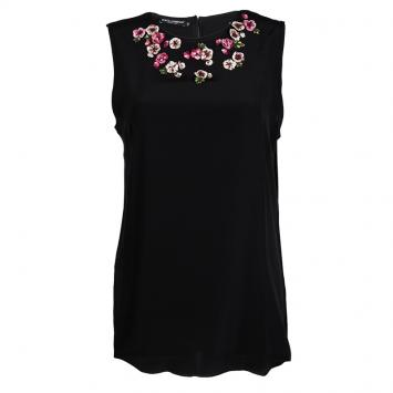 Pre Owned Dolce and Gabbana Black Silk Floral Applique Detail Sleeveless Top M