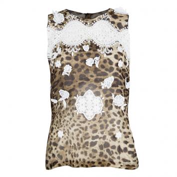 Pre Owned Dolce and Gabbana Leopard Printed Silk Contrast Lace Insert Sleeveless Top S 