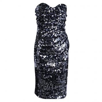 Pre Owned Dolce and Gabbana Silver Sequin Paillette Embellished Ruched Strapless Dress M