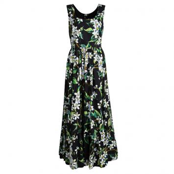 Pre Owned Dolce and Gabbana Black Floral Printed Cotton Poplin Sleeveless Maxi Dress M