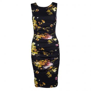 Pre Owned Dolce and Gabbana Black Floral Printed Sleeveless Gathered Dress S