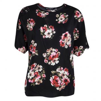 Pre Owned Dolce and Gabbana Black Floral Printed Silk Lace Shoulder Detail Top S
