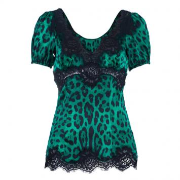 Pre Owned Dolce And Gabbana Green Silk Lepoard Print Top M