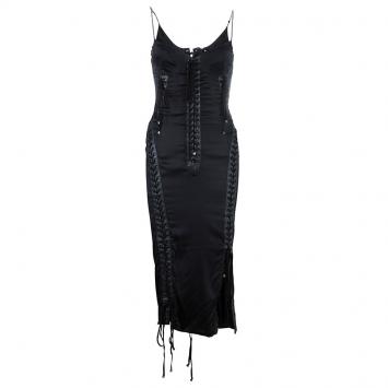 Pre Owned Dolce and Gabbana Black Leather Trim Lace-up Dress S
