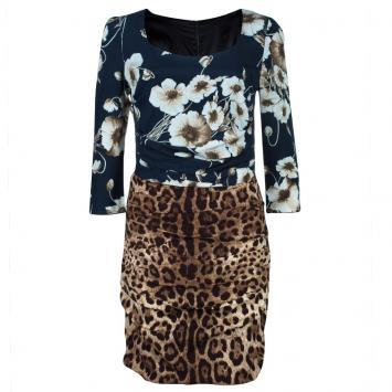 Pre Owned Dolce and Gabbana Mix Print Long Sleeve Dress M