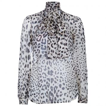 Pre Owned Dolce & Gabbana Off-White Leopard Print Silk Blouse