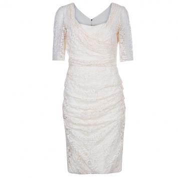 Pre Owned Dolce and Gabbana Cream Lace Short Sleeve Dress M