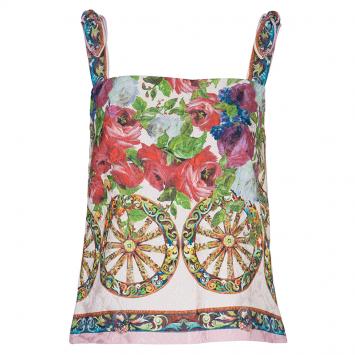 Pre Owned Dolce and Gabbana Multicolor Floral Print Brocade Sleeveless Crop Top S