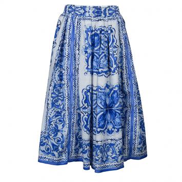 Pre Owned Dolce and Gabbana Blue Tile Printed Cotton Gathered Midi Skirt  M