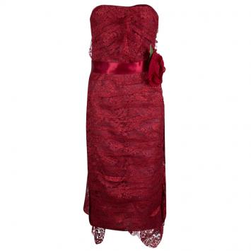 Pre Owned Dolce and Gabbana Red Floral Brooch Detail Strapless Lace Dress S