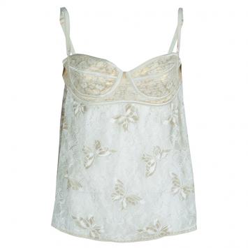 Pre Owned Dolce and Gabbana Cream and Gold Lace Bustier Top L