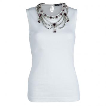 Pre Owned Dolce and Gabbana White Rib Jersey Embellished Necklace Detail Sleeveless Tank Top M