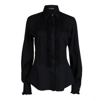 Pre Owned Dolce And Gabbana Black Pintucked Ruffle Trim Long Sleeve Buttondown Cotton Shirt L