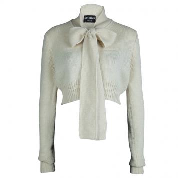 Pre Owned Dolce and Gabbana Cream Knit Neck Tie Detail Cropped Cardigan M