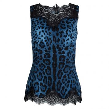 Pre Owned Dolce And Gabbana Blue Leopard Printed Silk Lace Detail Sleeveless Top M