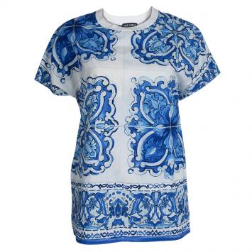 Pre Owned Dolce & Gabbana White and Blue Cotton Majolica Print Top S