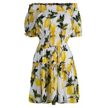 Pre Owned Dolce and Gabbana Lemon Print Smocking Detail Cotton Dress S