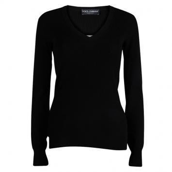 Pre Owned Dolce And Gabbana Black Rib Knit V-Neck Sweater S