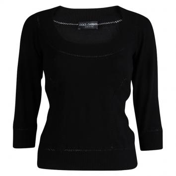 Pre Owned Dolce and Gabbana Black Knit Crochet Insert Scoop Neck Sweater M