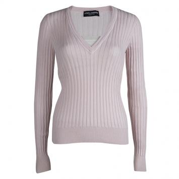 Pre Owned Dolce And Gabbana Pink Rib Knit V-Neck Sweater M
