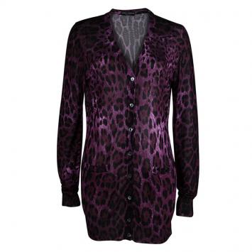 Pre Owned Dolce and Gabbana Burgundy Leopard Print Button Front Cardigan L