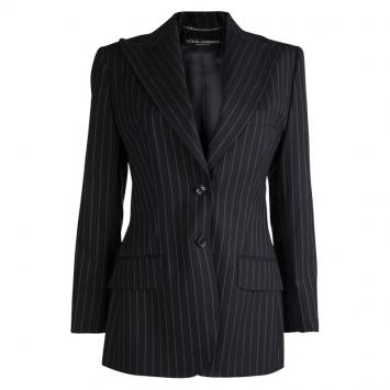 Pre Owned Dolce and Gabbana Black Pinstriped Notched Collar Blazer M