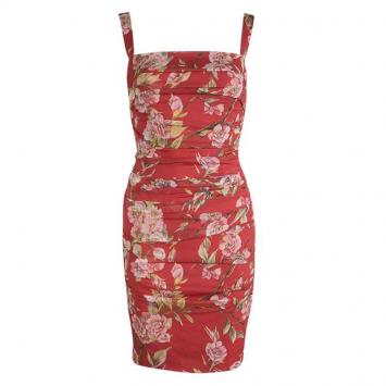 Pre Owned Dolce And Gabbana Red Silk Floral Print Ruched Sleeveless Dress S
