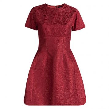 Pre Owned Dolce and Gabbana Red Brocade Short Sleeve A-line Dress S
