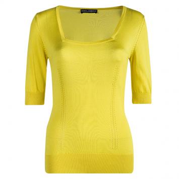 Pre Owned Dolce and Gabbana Yellow Silk Knit Short Sleeve Top S
