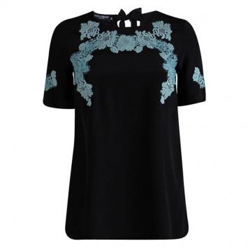 Pre Owned Dolce and Gabbana Black Silk Scallop Lace Detail Top S