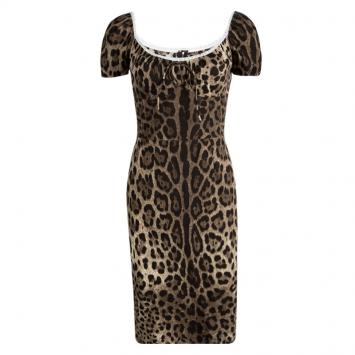 Pre Owned Dolce and Gabbana Leopard Printed Lace Trim Detail Dress S