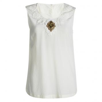 Pre Owned Dolce and Gabbana Cream Silk Lace Applique Sleeveless Top L