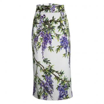 Pre Owned Dolce and Gabbana Off White Floral Printed Silk Midi Skirt L