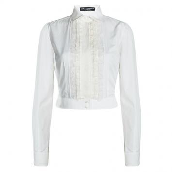 Pre Owned Dolce and Gabbana Off White Lace Frill Detail Long Sleeve Cropped Shirt S
