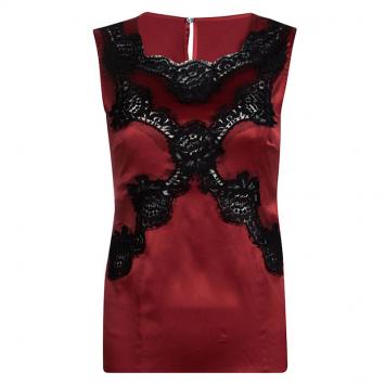 Pre Owned Dolce and Gabbana Red Silk Scallop Lace Detail Sleeveless Top S