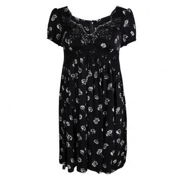 Pre Owned Dolce and Gabbana Black Printed Silk Scallop Lace Detail Dress S