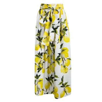 Pre Owned Dolce and Gabbana Lemon Printed Cotton Gathered Belted Maxi Skirt L
