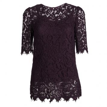 Pre Owned Dolce and Gabbana Burgundy Floral Lace Short Sleeve Top S